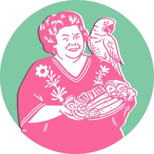 Illustration of a smiling Mama Ninfa Laurenzo holding a platter of food with a parrot perched on her shoulder.